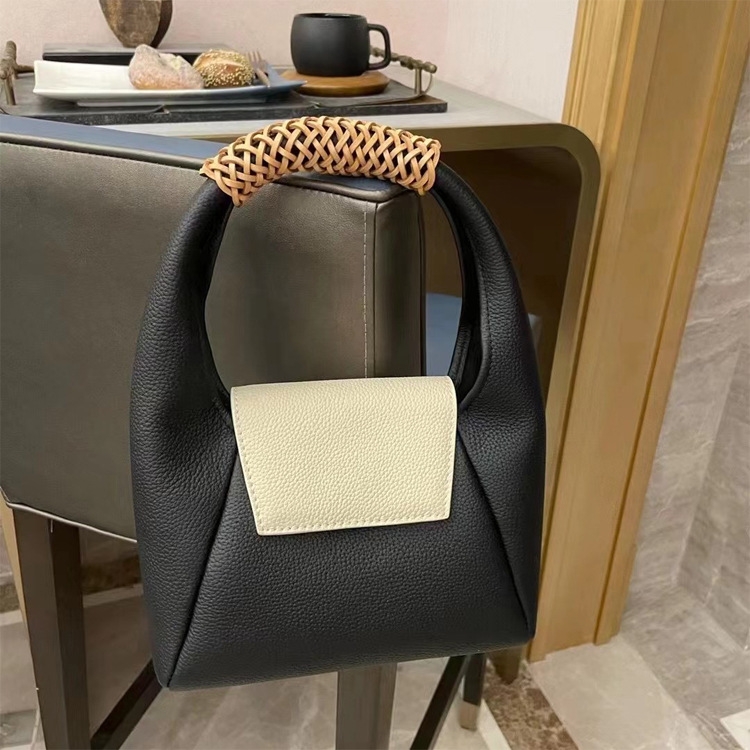 Grey Leather Crossbody Shoulder Bag With Woven Handle Handbags