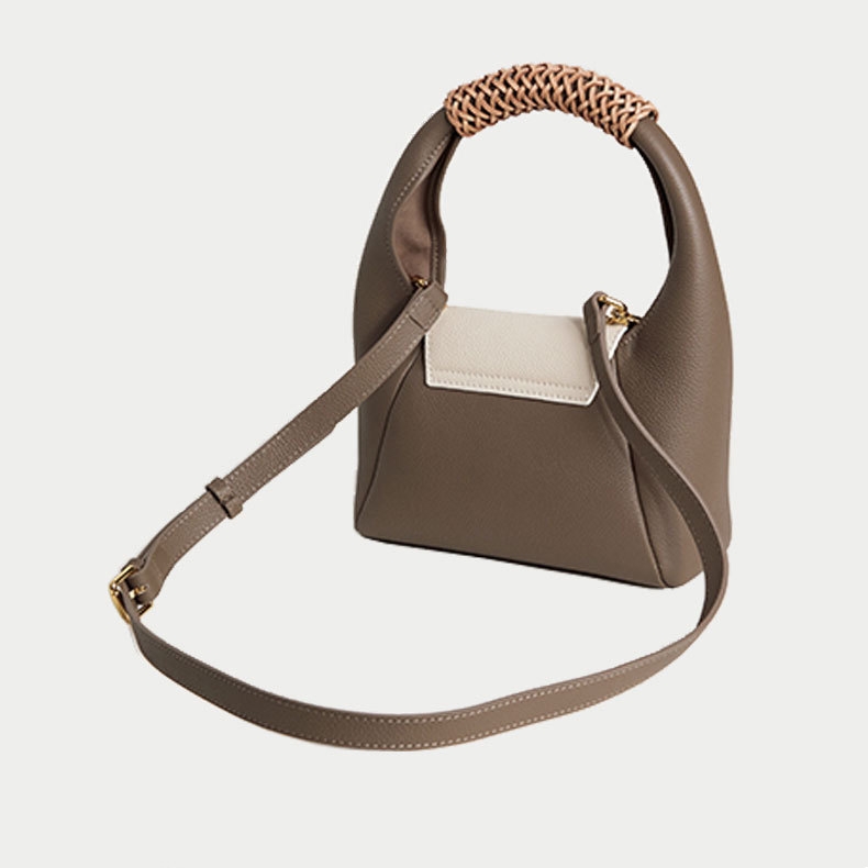 Grey Leather Crossbody Shoulder Bag With Woven Handle Handbags