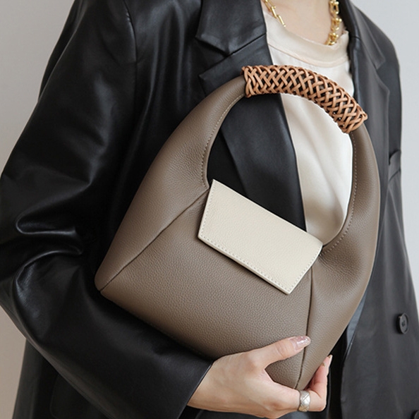 Khaki Leather Crossbody Shoulder Bag With Woven Handle Handbags