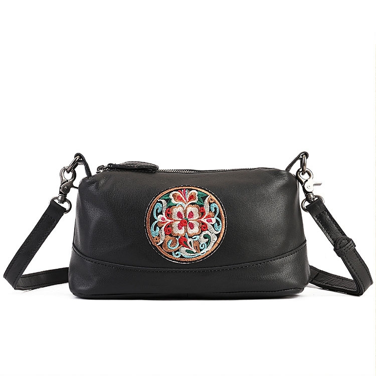 Black Leather Flower Embossed Crossbody Purse Vintage Zip Handbags