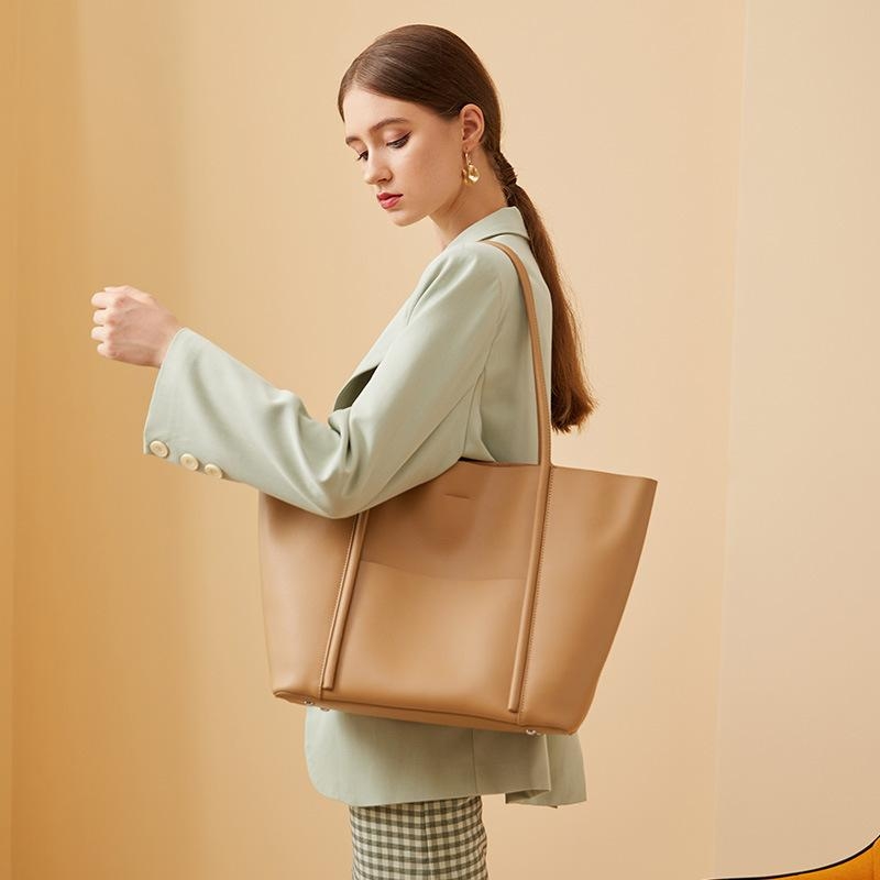 Khaki Leather Large Tote Bag With Inner Pouch Handbags For Work