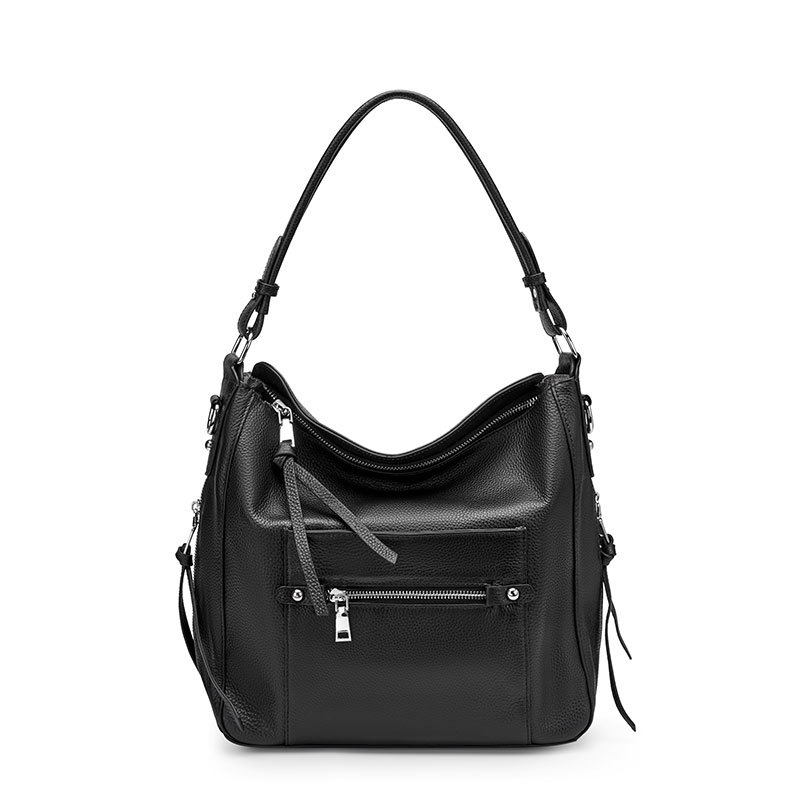 Black Leather Litchi Pattern Classic Tote for Middle-aged Ladies
