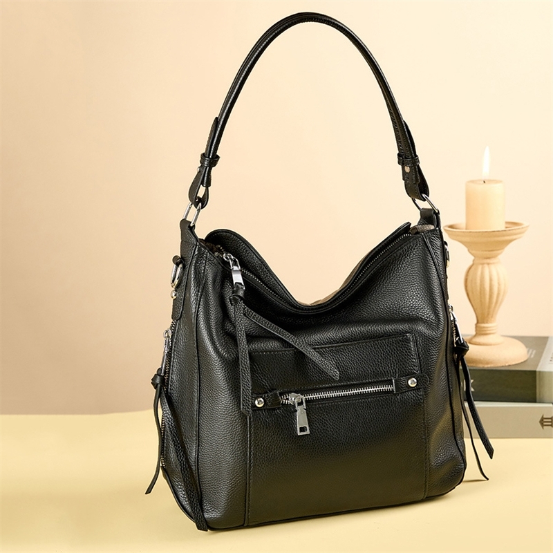 Black Leather Litchi Pattern Classic Tote for Middle-aged Ladies
