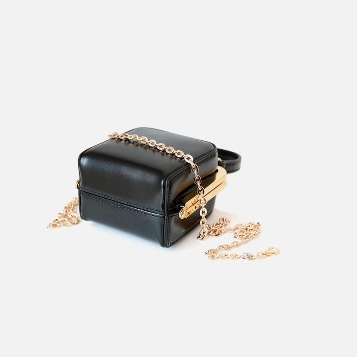 Black Leather Mini Crossbody Chain Bag Vintage Square Bags