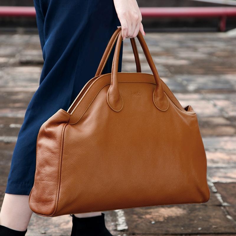 Brown Leather Oversized Tote Bag with Zipper Tote Handbags for Work