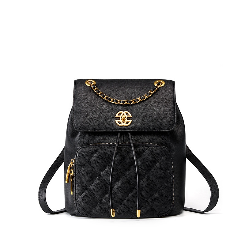Black Leather Quilted Backpacks Twist Lock Chain Backpack Handbags