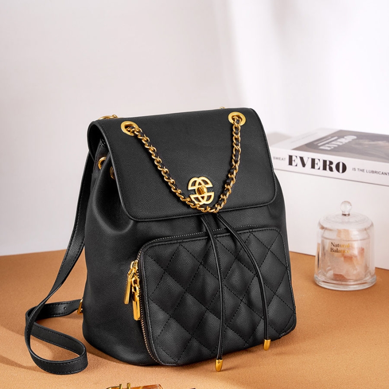 Black Leather Quilted Backpacks Twist Lock Chain Backpack Handbags