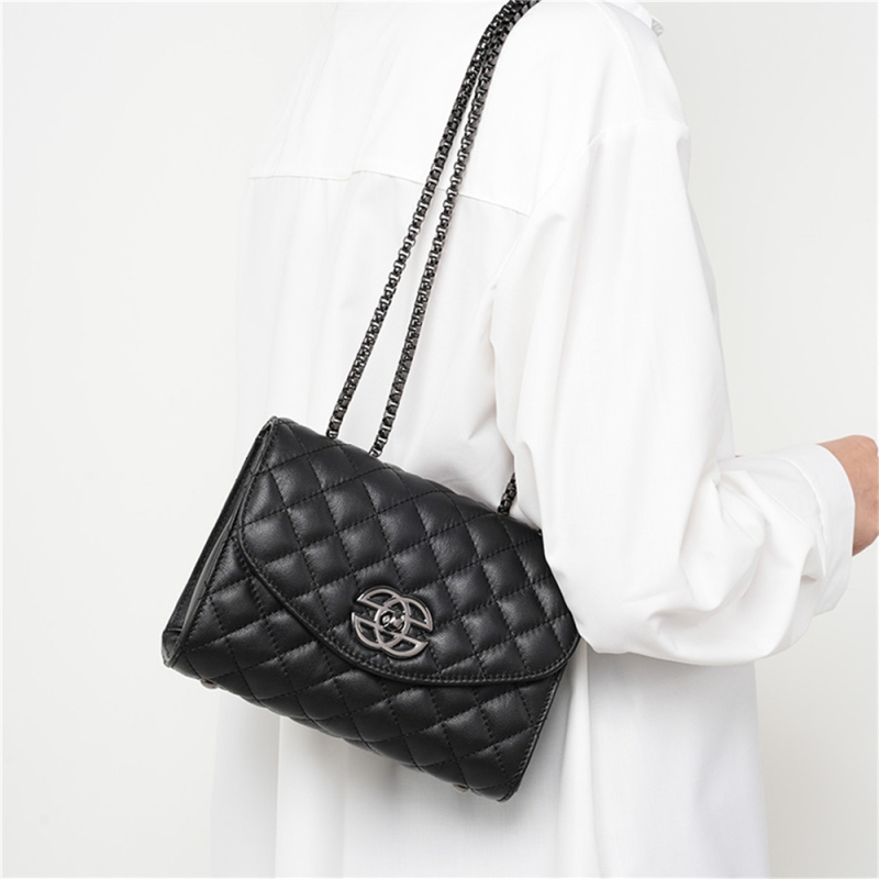 Black Leather Quilted Bag Crossbody Chain Flap Shoulder Bags For Outgoing