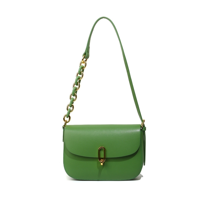 Green Leather Saddle Bag Minimalist Flap Chain Shoulder Bag