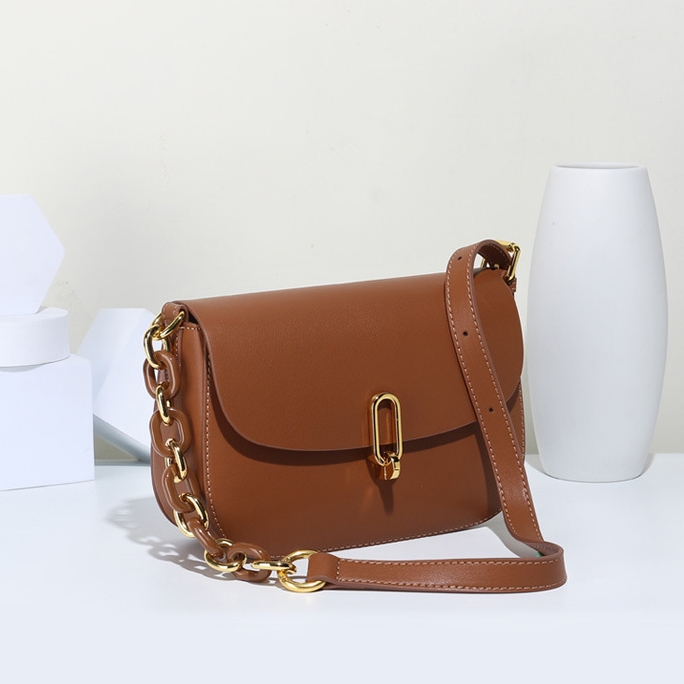 Brown Leather Saddle Bag Minimalist Flap Chain Shoulder Bag