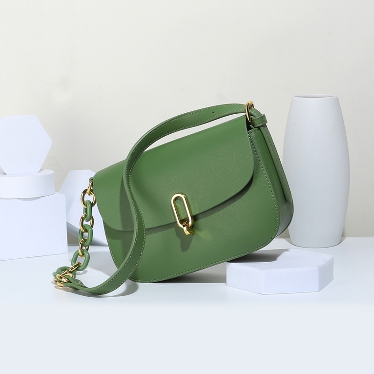 Olive Green Leather Saddle Bag Minimalist Flap Chain Shoulder Bag