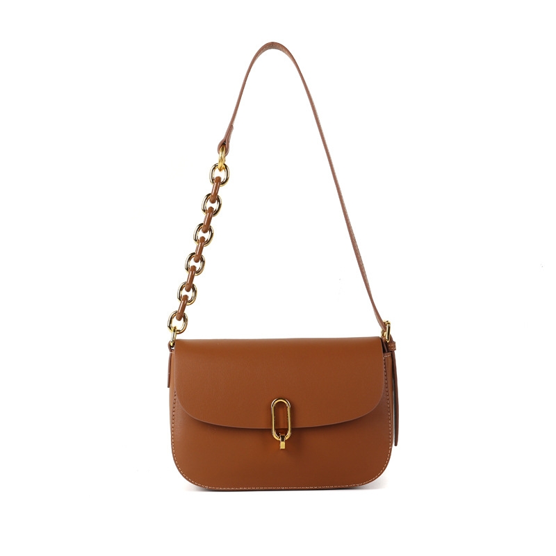 Brown Leather Saddle Bag Minimalist Flap Chain Shoulder Bag
