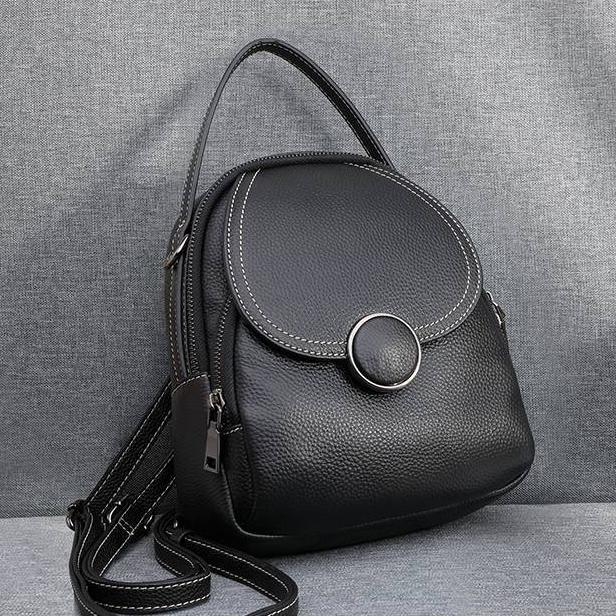 Black Leather Top Handle Backpack Crossbody Flap College Bag