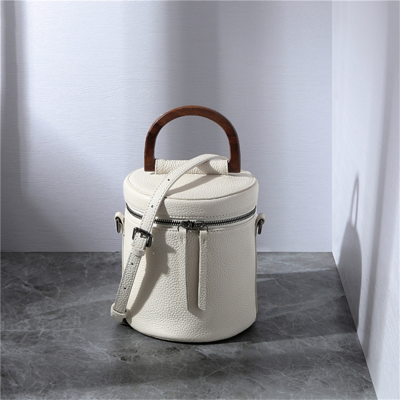 Beige Leather Top Handle Bucket Bag Crossbody Zip Round Handbags