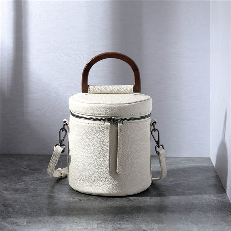 Beige Leather Top Handle Bucket Bag Crossbody Zip Round Handbags