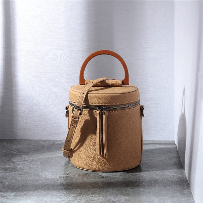 Yellow Leather Top Handle Bucket Bag Crossbody Zip Round Handbags