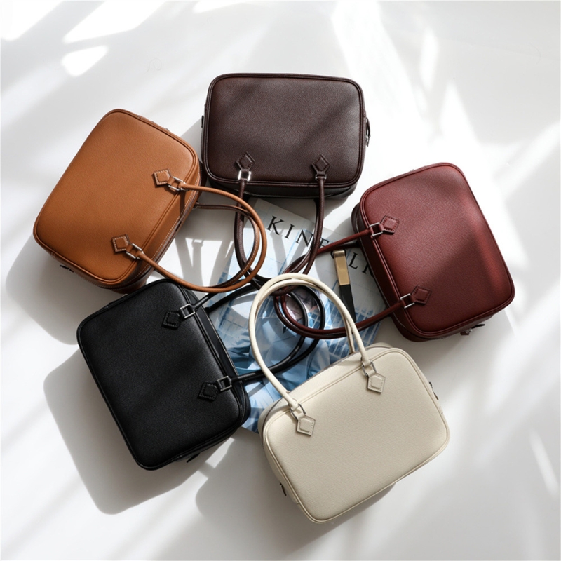 Burgundy Genuine Leather Top Handle Retro Crossbody Handbags with Zip