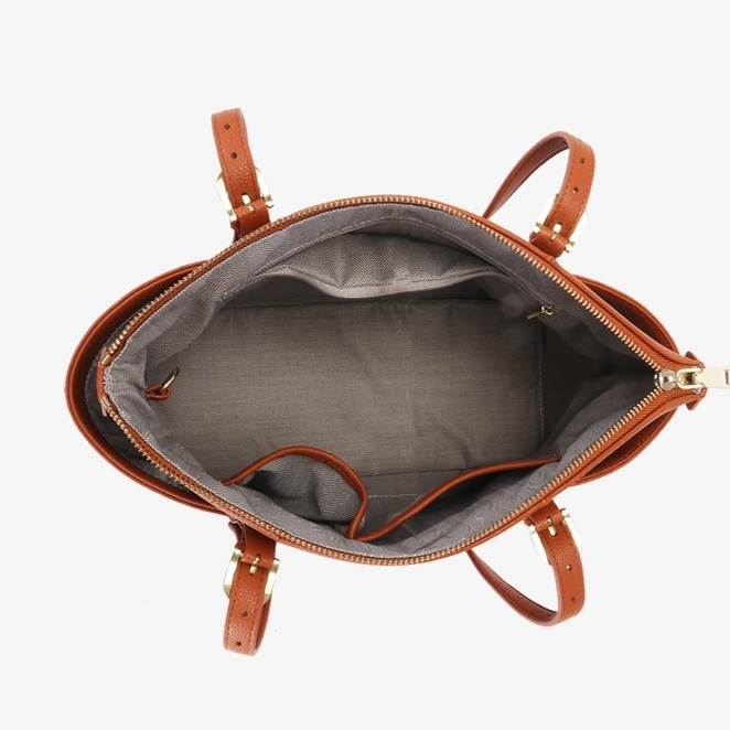 Brown Leather Tote Shoulder Bag Zipper Work Tote Bag