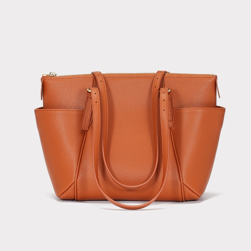 Brown Leather Tote Shoulder Bag Zipper Work Tote Bag