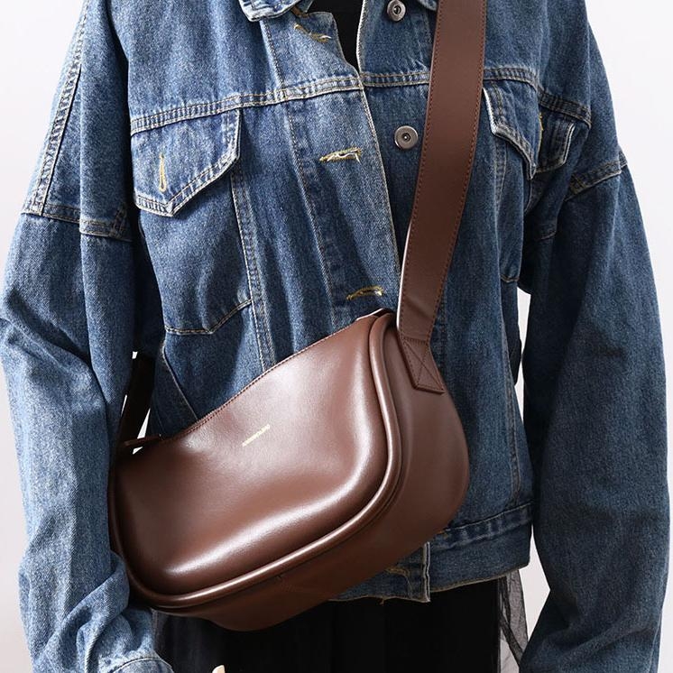Coffee Leather Vinatge Waist Bag Wide Strap Crossbody Bags | Baginning