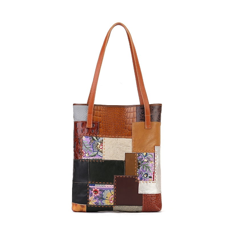 Brown Leather Vintage Color Block Embroidered Tote Bag For Outgoing 