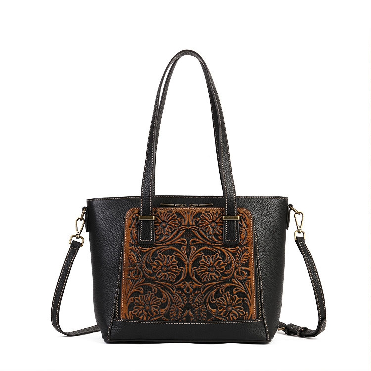 Black Leather Vintage Embroidered Tote Bag Zip Crossbody Purse 