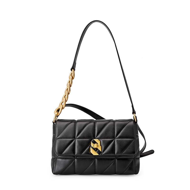 Black Leather Wide Strap Quilted Bag Crossbody Chain Shoulder Bags