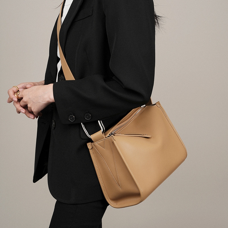 Khaki Leather Zip Wide Strap Crossbody Bag Work Purses for