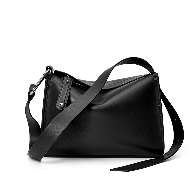 Black Leather Zip Wide Strap Crossbody Bag Work Purses for Women