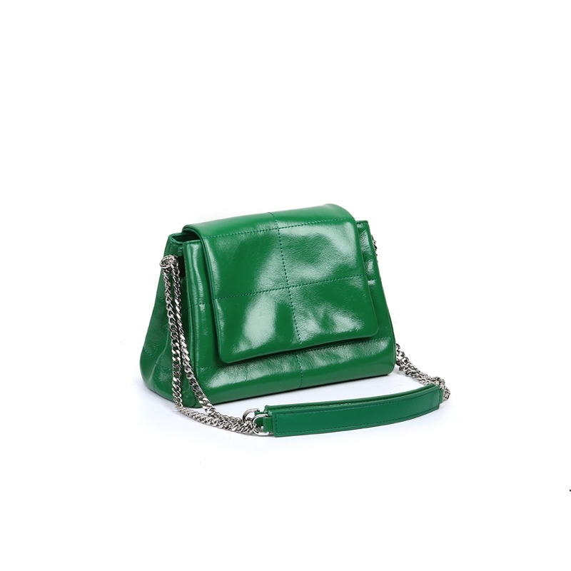 Green Oiled Leather Chain Crossbody Purse Flap Shoulder Bag
