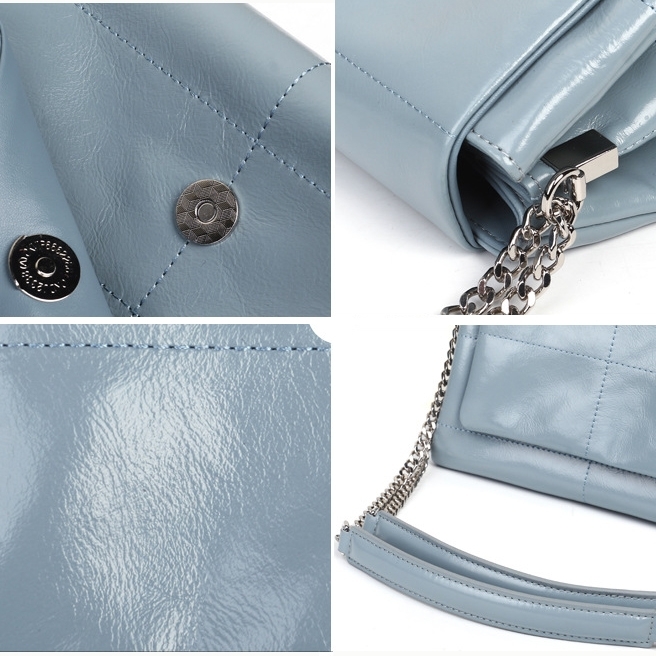Light Blue Oiled Leather Chain Crossbody Purse Flap Shoulder Bag