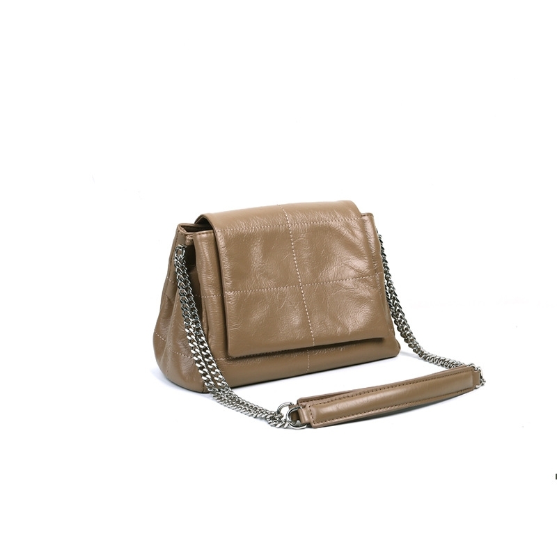 Brown Oiled Leather Chain Crossbody Purse Flap Shoulder Bag