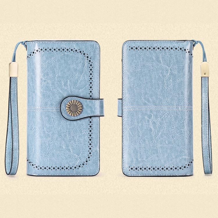 Light Blue Retro Accordion Zipper Leather Long Wallet