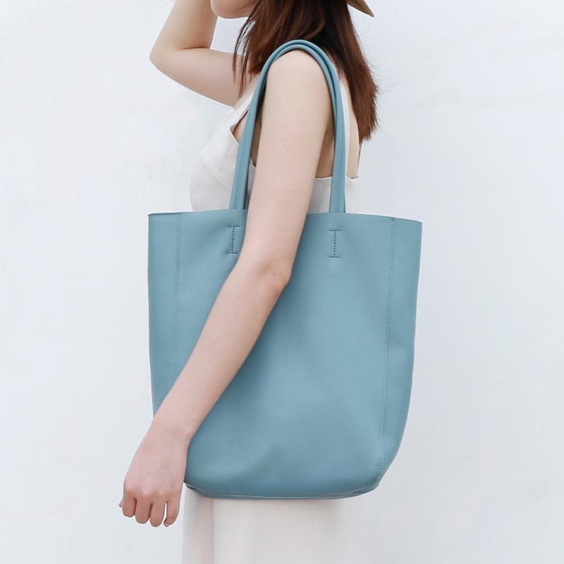 Light Blue Vertical Soft Leather Tote Bag for Women 