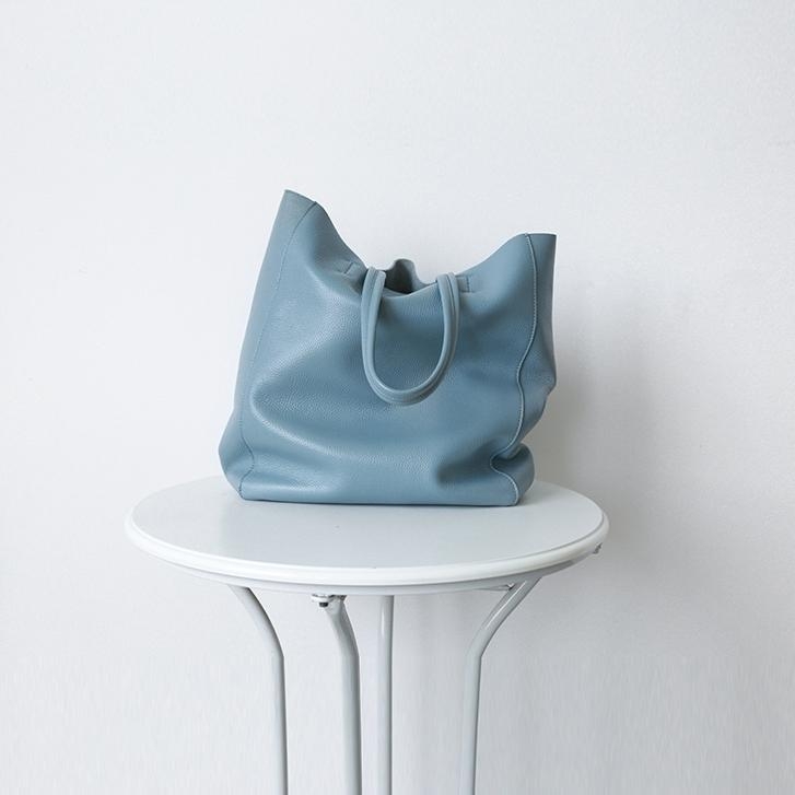 Light Blue Vertical Soft Leather Tote Bag for Women 