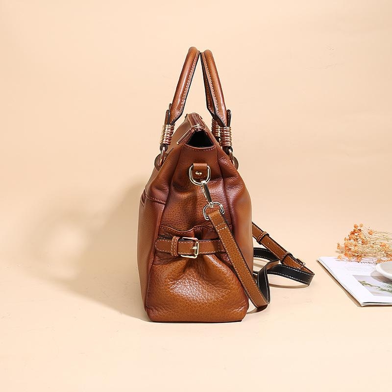 Light Brown Leather Top Handle Zipper Work Tote Bags for Women