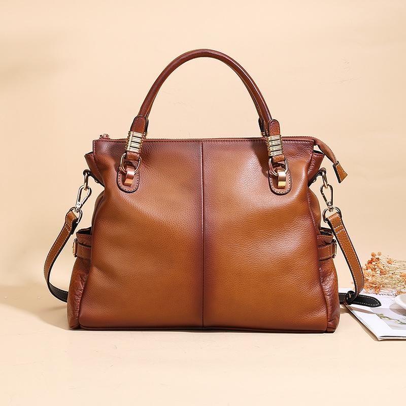 Dark Brown Leather Top Handle Zipper Work Tote Bags for Women