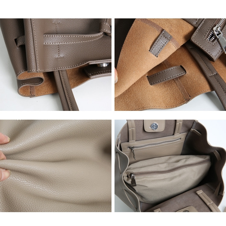 Light Khaki Belt Leather Tote Bags