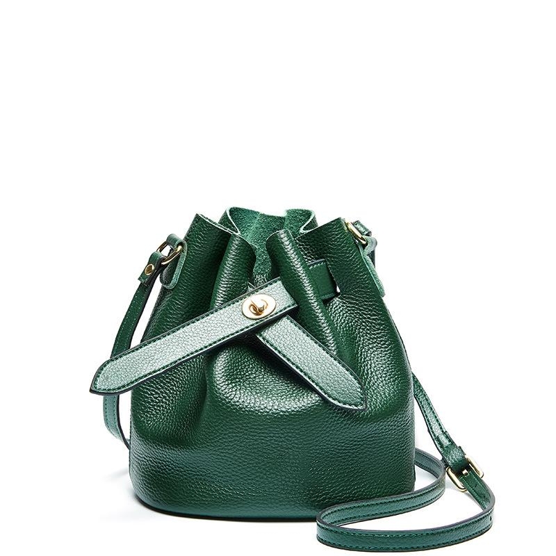 Green Litchi Grain Leather Belt Bucket Bags
