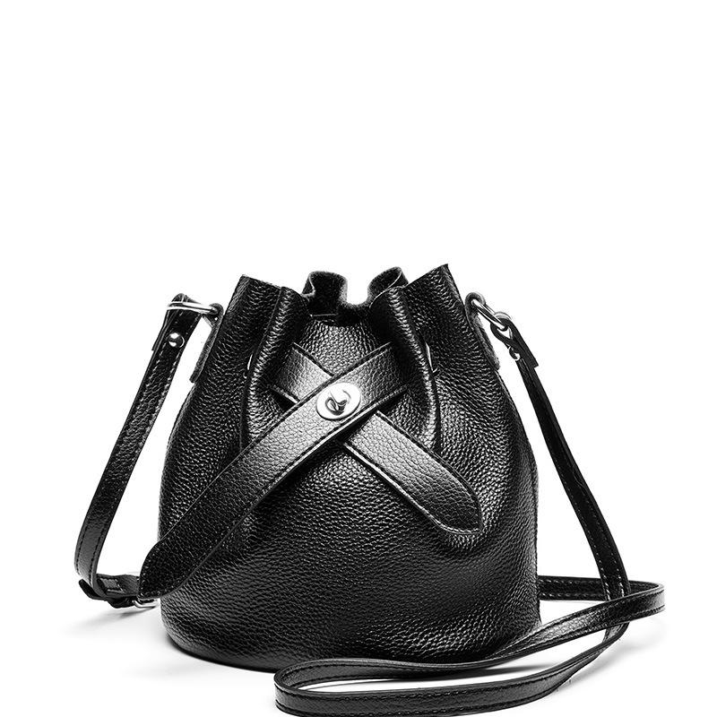 Black Litchi Grain Leather Belt Bucket Bags