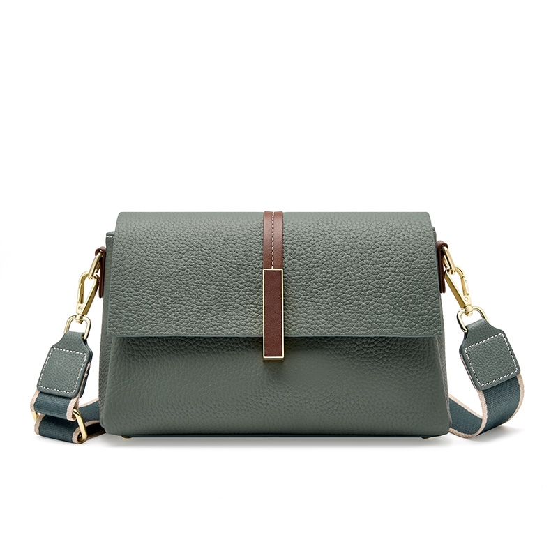 Olive Green Litchi Grain Leather Flap Wide Strap Crossbody Bags For Work