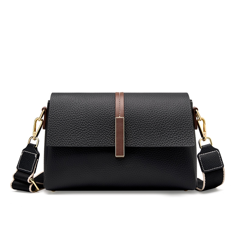Black Grain Leather Flap Wide Strap Crossbody Bags For Work