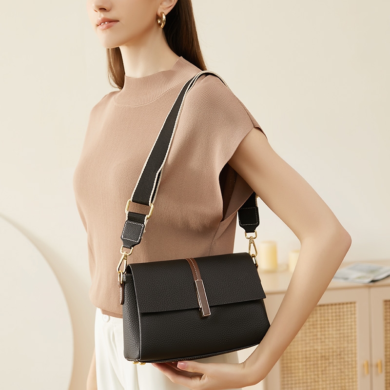 Grey Litchi Grain Leather Flap Wide Strap Crossbody Bags For Work
