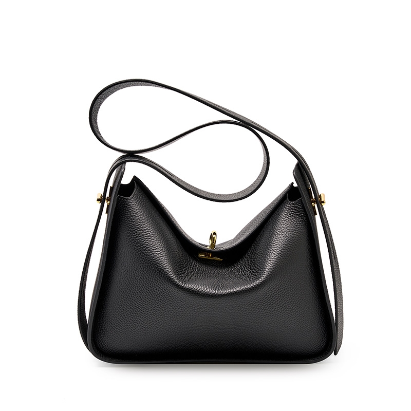 Litchi Embossed Hobo Bag Black Adjustable Strap For Daily