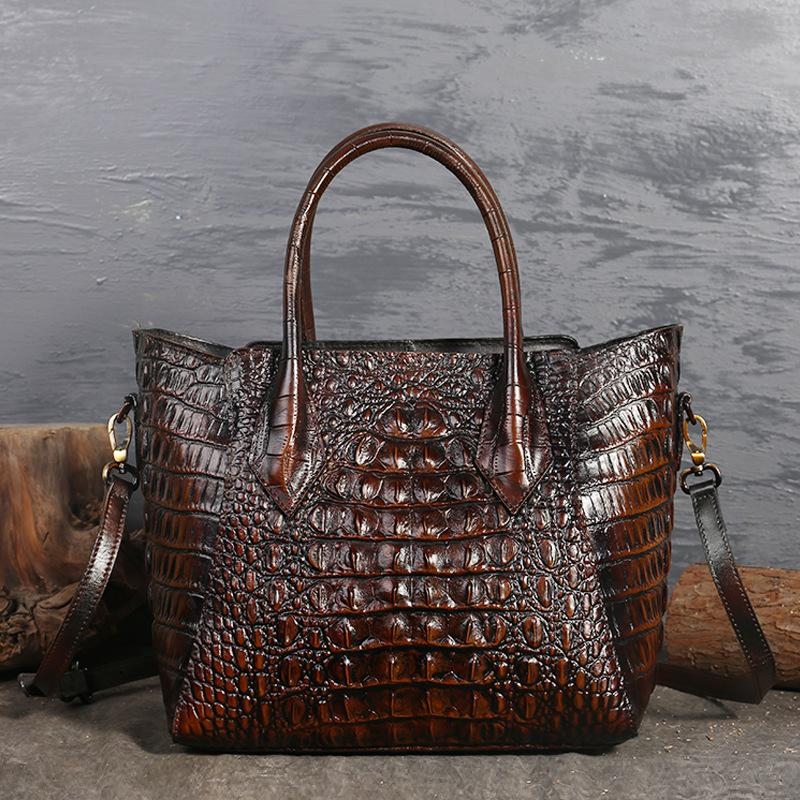 Brown Retro Crocodile Printed Shoulder Leather Handbags Zipper Tote Bags