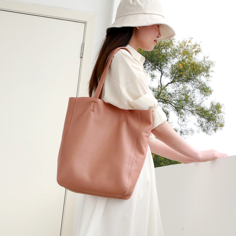 Pink Vertical Soft Leather Tote Bag for Women 