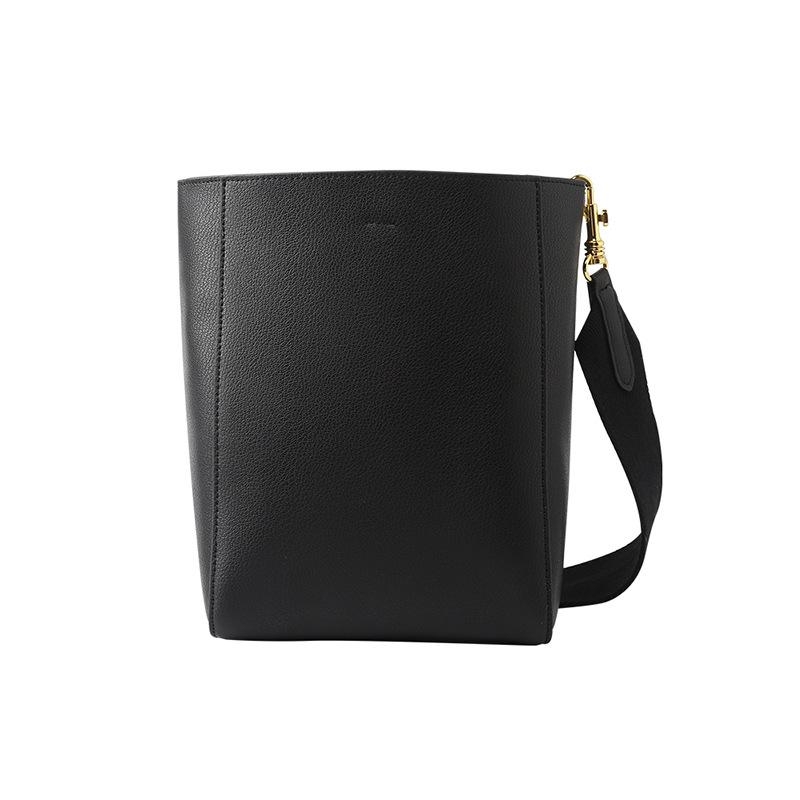 Medium Size Black Cow Leather Wide Strap Shoulder Bucket Bags