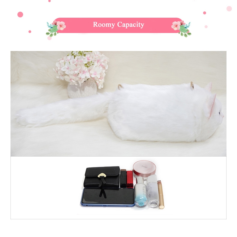 Custom Handmade Imitation White Fur Cat Crossbody Bag Cute Purses