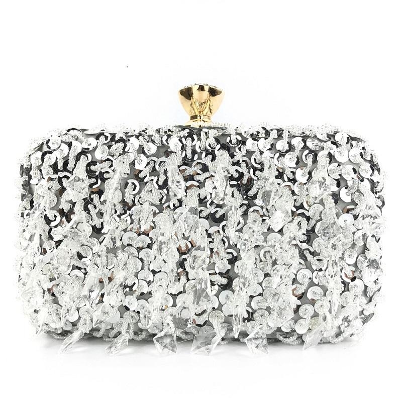 Silver Pendant Rhinestone Beaded Sequined Box Clutch Bags