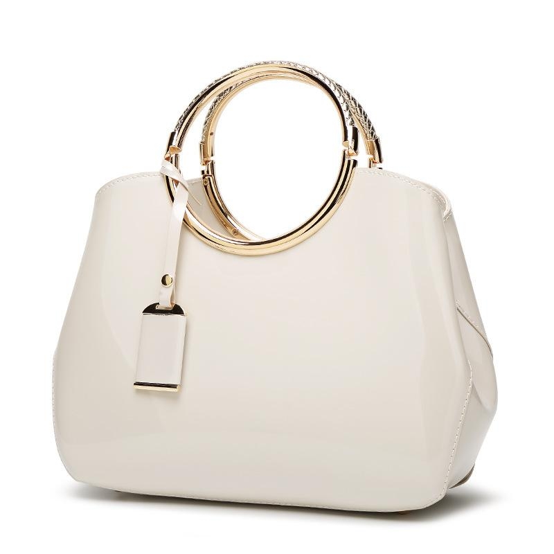 White Round Handle Patent Leather Handbags Crossbody Purses